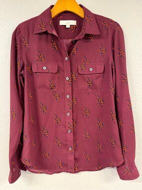 LOFT Plum Button-Front Floral Blouse with Orange Accents